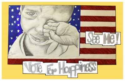 EMK Poster: "Vote for Happiness," an original design by BPS high school student Jessica Andrade for the Political Poster Project at the Edward M. Kennedy Institute. 