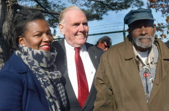 Flynn honored in South Boston: From left: Sen. Linda Dorcena Forry, former Mayor Ray Flynn, civic leader and former mayoral finalist Mel King. Photo by Don West/fotografiks