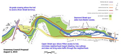 Greenway Council proposal: A proposal by the Neponset Greenway Council would include trail extensions on both sides on the river.