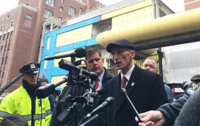 Boston Police Commissioner William Evans speaks about today's incident, while Boston Mayor Martin Walsh looks on. Photo by Jennifer Smith