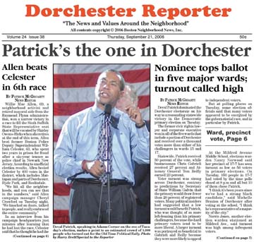 Patrick wins primary 06 Reporter cover: The cover of the September 21, 2006 edition of the Reporter brought news of a Deval Patrick victory.