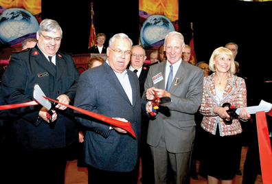 Kroc Center: Major William Bode of the Salvation Army, Mayor Tom Menino, John Hamill of Sovereign Bank and Linda Wendfeldt, Joan Kroc’s daughter, enjoy Saturday’s ribbon-cutting of the Kroc Community Center on Dudley Street, Dorchester. Photo courtesy Mayor’s office 