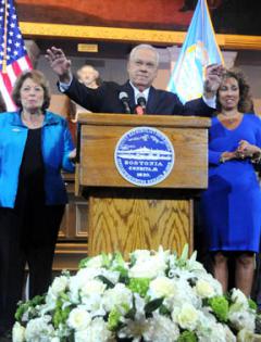 Mayor Tom Menino announces he will not run: Flanked by wife Angela, left, and daughter Susan. Photo by Don Harney/Mayor's Office