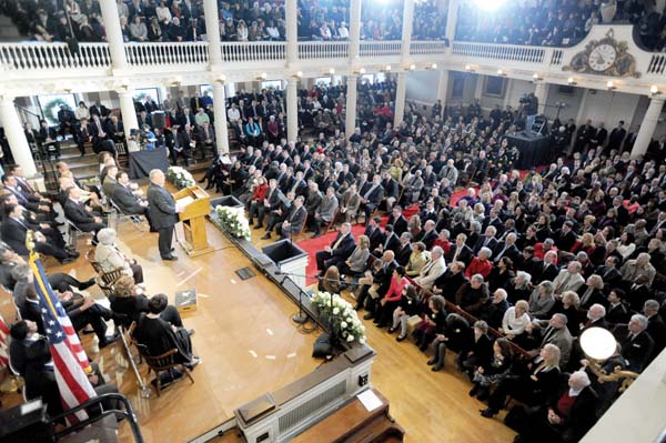 Mayor Menino took to the lectern at Faneuil Hall on Monday to deliver his fifth inaugural address to a full house. City of Boston photo