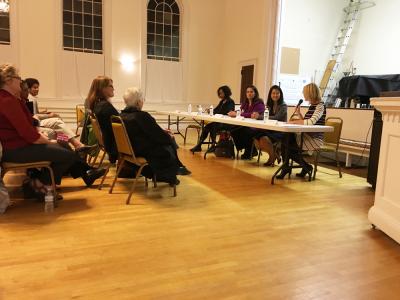 L-R Councilor Ayanna Pressley, Annissa Essaibi-George, and Councilor Michelle Wu address a women&amp;#039;s network at First Parish Church in Dorchester.