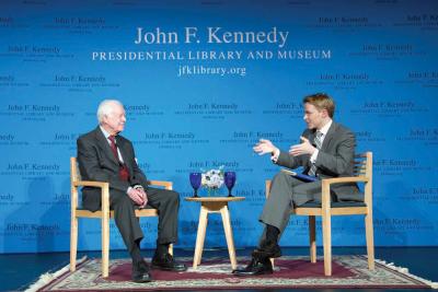 Former President Jimmy Carter spoke at a  public forum about his book, “A Call To Action: Women, Religion, Violence, and Power” last Thursday at the JFK Library. He was interviewed by Ronan Farrow of MSNBC, right. Photo by Tom Fitzsimmons/John F. Kennedy Library Foundation