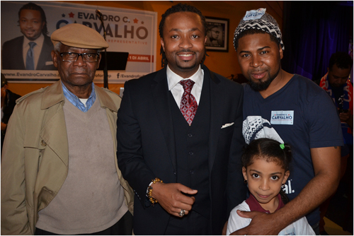 Winning candidate: Evandro Carvalho is pictured with his grandfather, Cecilio Correia (left), Edson Soares-DaRosa (right) and Destiny Pires. at Restaurante Cesaria. Photo by Chris Lovett