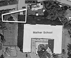 Mather School project: The plan for the Mather School property, showing location of proposed Green Space improvements (outlined in white at upper left).