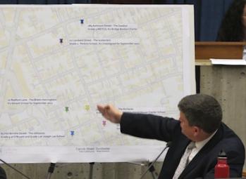 One neighborhood, nine schools: Councillor John Connolly referred to a map that detailed the locations and schools of parents in the Carruth Street area during a hearing on Tuesday.