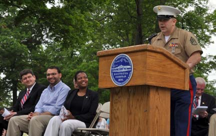 Staff Sgt. Terrence Shane Burke at Memorial Day ceremony on May 30, 2011: Sgt. Burke (USMC) spoke to more than 700 people who gathered for the annual observation of Memorial Day in Dorchester. Burke survived a life-threatening wound sustained during a tour of duty in Iraw in 2006 and today serves as a Boston Police officer. Sho