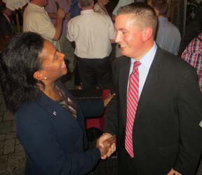 12th Suffolk winner: Representative-elect Dan Cullinane, right, was greeted by Senator Linda Dorcena Forry, whom he will succeed in office, during his victory party at the Ledge on Tuesday, Sept. 10. 