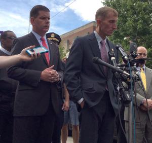 Mayor Walsh, Commissioner Evans speak about shooting death of student near Burke High School on Wednesday afternoon.: Jennifer Smith photo