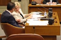 Council committee hears plan for crackdown on problem properties: Councillor Ross and Feeney confer during the hearing on Wed., July 6. Photo by Callum Borchers