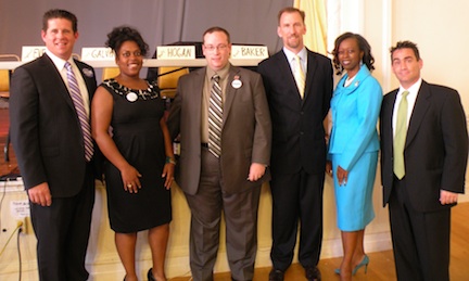 District 3 candidates at First Parish Church: Craig Galvin, Stephanie Everett, Marty Hogan, John O'Toole, Marydith Tuitt and Frank Baker before the forum. (Note shown is candidate Doug Bennett, who ran late.) Photo by Pat Tarantino