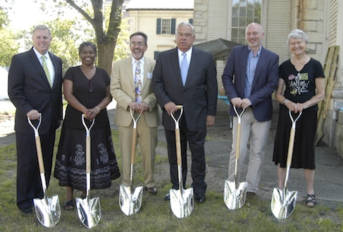 First Parish Church renovations: Pictured at Tuesday morning’s ceremony  were: Senator Jack Hart, Tina Chery, Rev. Art Lavoie, Mayor Tom Menino, Jeff Gonyeau of Historic Boston, Inc. and Carol Johnson, chair of the Board of Designators of the Henderson Foundation. Photo by Bill Forry