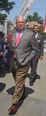 Mayor Menino at Memorial Day 2012: The mayor walked into Cedar Grove Cemetery on Monday without the protective boot he had to wear in recent months after a toe injury. Photo by Bill Forry
