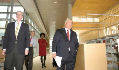 Mayor Tom Menino, right, took a tour of the new Mattapan branch of the Boston Public Library.: With Joe Mulligan, left, the Deputy Director of the city's Capital Construction division. Photo by Bill Forry .