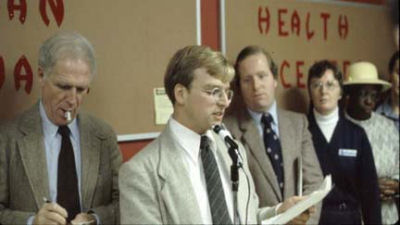 Walczak speaks in 1979. At left, Mayor Kevin White; at right state Rep. W. Paul White. Photo: CSHC.