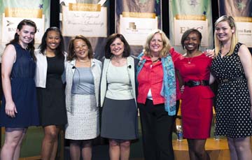 NEWLA 2013: Boys and Girls Clubs of Dorchester members gathered at the 20th Anniversary of the New England Women’s Leadership Awards with honorees (L-R) First Lady Diane Patrick, US Attorney Carmen Ortiz, and Margaret Blood.