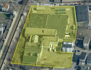 Maxwell site from the air: Proximity to Fairmount commuter rail station makes it a prime target for re-development. BRA image