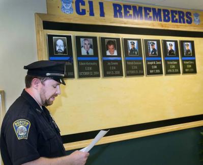 C-11 Boston Police Memorial: Officer Jimmy Dorion, who led the effort to create the memorial wall, led the ceremony last Saturday. Bill Brett photo