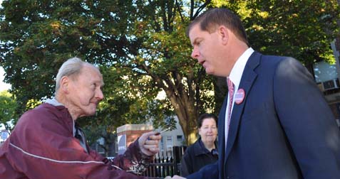 Decision Day: State Rep. Marty Walsh greeted a voter outside of the Cristo Rey School on Savin Hill Ave. this morning. Photo by Bill Forry