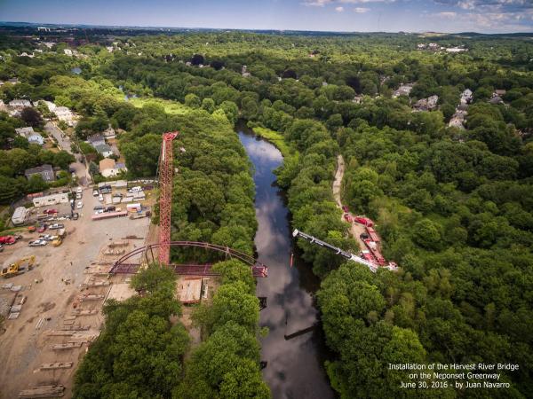 New bridge over the Neponset: An aerial view of the Harvest River Bridge installation. Photo credit Juan Navarro
