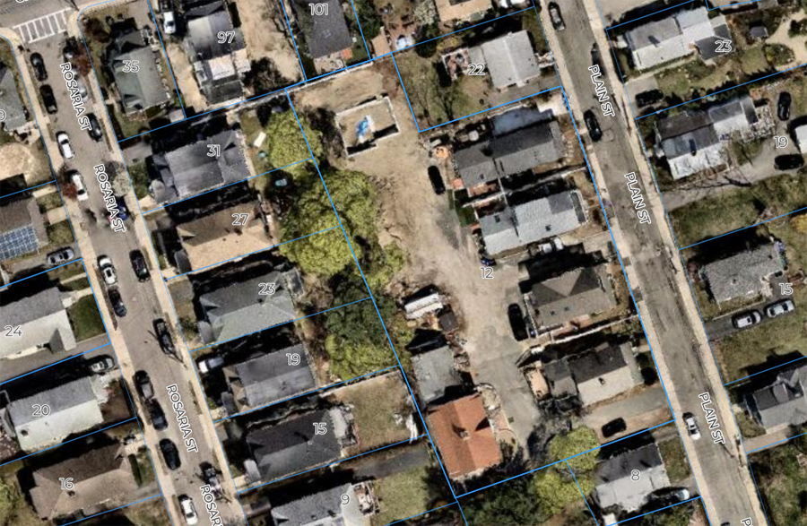 Aerial view showing the Higgins parcel and the buildings now on it