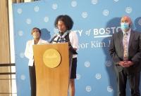 Acting Mayor Kim Janey (center) at City Hall on Thursday. (Gintautas Dumcius photo)