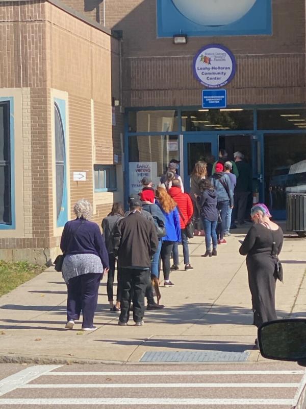 Voters lined up at the entrance to the Richard J. Murphy School in Dorchester. Ed Forry photo 