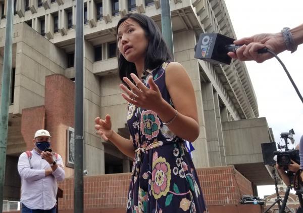 Michelle Wu outside Boston City Hall