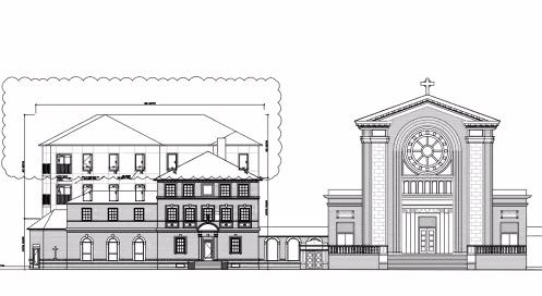 Rendering of proposed new condos, with existing convent building and new rear addition, next to old St. Matthew