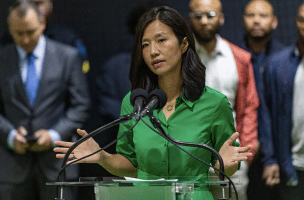 Boston Mayor Michelle Wu during a recent press conference in Roxbury