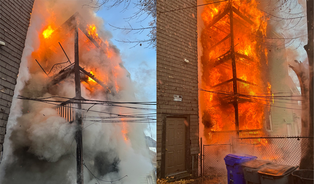 Six-alarm fire heavily damages two three deckers on Ellington Street ...