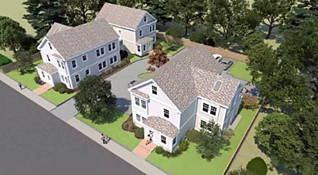 Rendering of three two-family homes around a common parking area on Milton Street